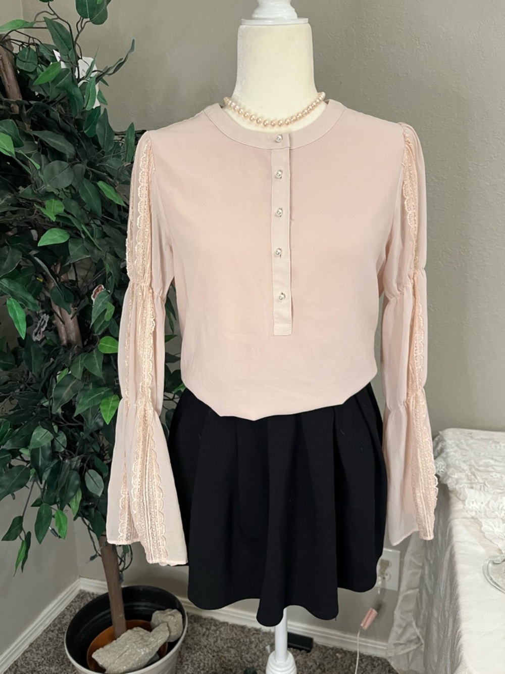 Karl Lagerfeld Blush Pink Lace Bell Sleeve Blouse